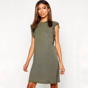 Boohoo Army Green Ruffle Detail Jersey Shift Dress | Size US 10 / UK 14
